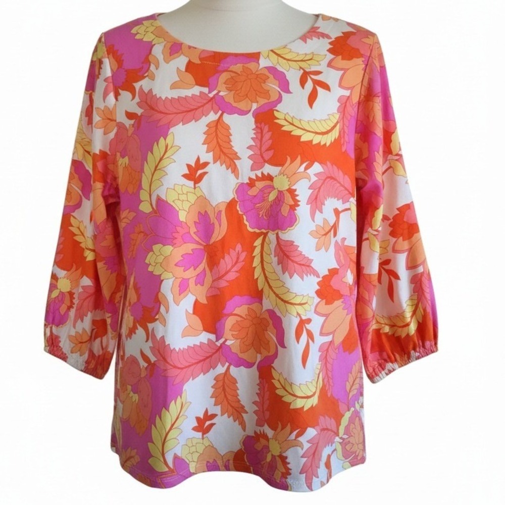Belle Kim Gravel‎ L Floral Print 3/4 Sleeve Scoop Neck Tunic Top Women